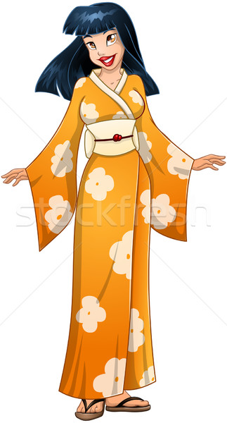 ázsiai nő citromsárga kimonó hagyományos zöld Stock fotó © LironPeer