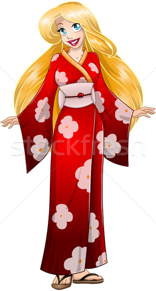 Szőke nő piros kimonó kaukázusi hagyományos Stock fotó © LironPeer