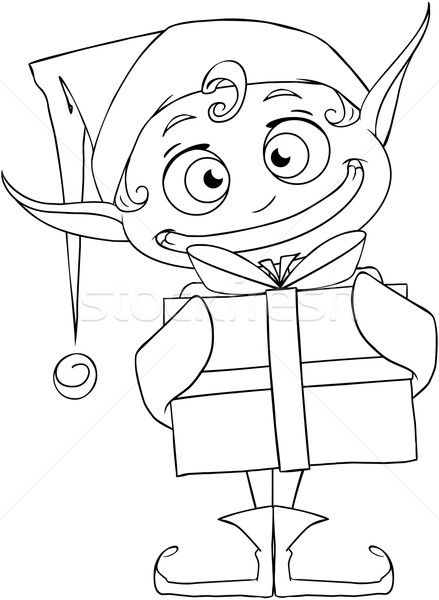 Christmas Elf Holding A Present Coloring Page vector illustration
