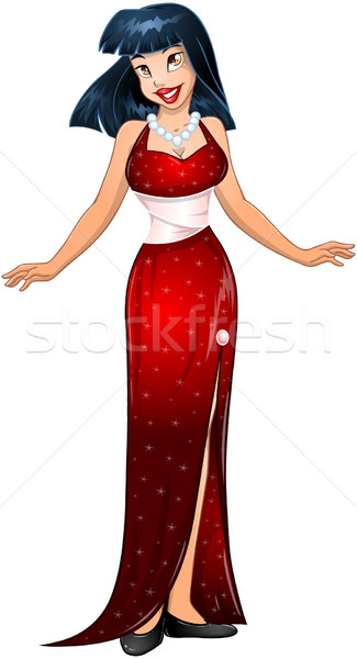 Foto stock: Asiático · mulher · vermelho · vestido · de · noite · sensual · adolescente
