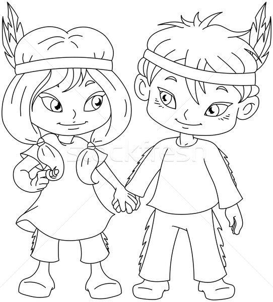 Indian Boy And Girl Holding Hands For Thanksgiving Coloring Page Vector Illustration C Lironpeer Stockfresh