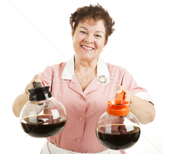 Stockfoto: Regelmatig · koffie · vriendelijk · glimlachend · serveerster · keuze