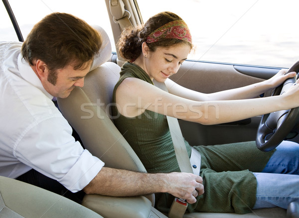 Stock foto: Teen · Fahrer · Sicherheitsgurt · fahren · Ausbilder · Vater