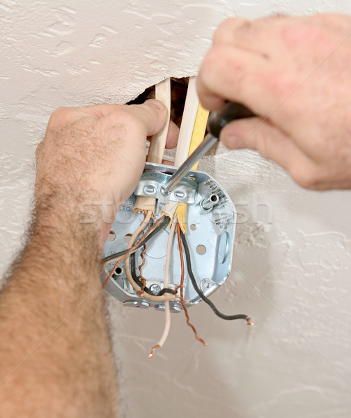 Stockfoto: Elektricien · plafond · vak · handen · draden