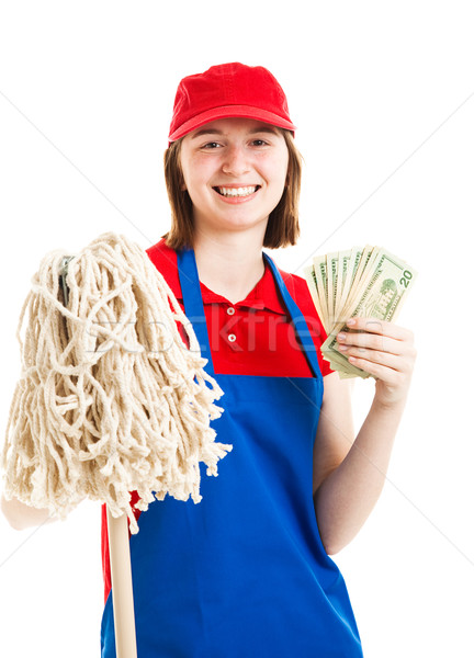 Tini munkás pénz magasra tart pénz izolált Stock fotó © lisafx