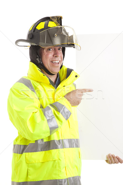 Begeistert Feuerwehrmann Zeichen glücklich halten weiß Stock foto © lisafx