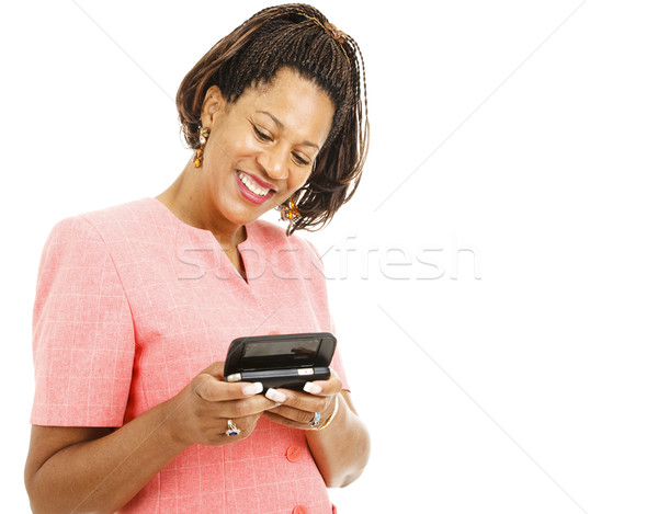 Nő szöveges üzenet csinos küldés okostelefon izolált Stock fotó © lisafx