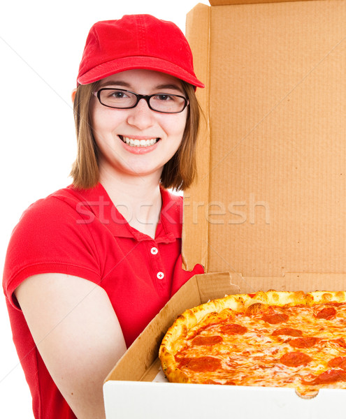 Lány pizza tinilány közelkép portré fehér Stock fotó © lisafx