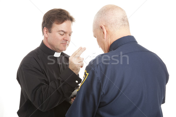 Foto stock: Local · de · trabalho · bênção · padre · policial · isolado · branco