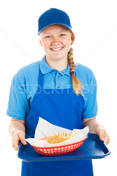 Teen werknemer hamburger frietjes fast food Stockfoto © lisafx