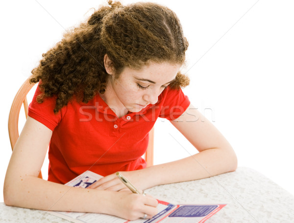 Stemming tienermeisje vulling uit registratie vorm Stockfoto © lisafx