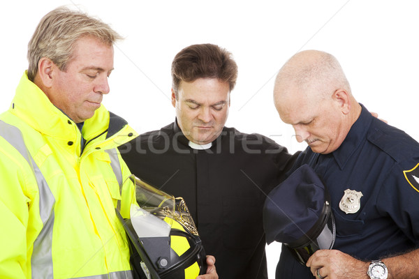 Imádkozik együtt pap miniszter tűzoltó rendőr Stock fotó © lisafx