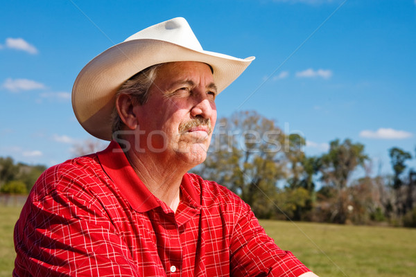 Reifen Landwirt beunruhigt gut aussehend Sorgen Lächeln Stock foto © lisafx