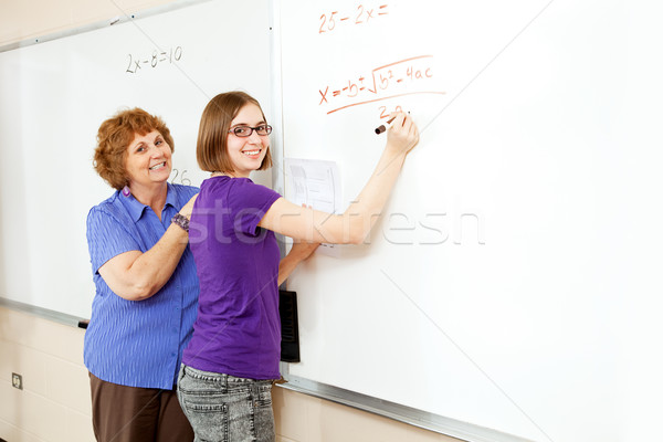 Foto stock: Matemáticas · estudiante · maestro · espacio · de · la · copia · de · trabajo · problemas