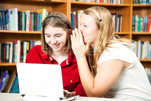 Könyvtár titkok tinilány diákok suttog számítógéphasználat Stock fotó © lisafx