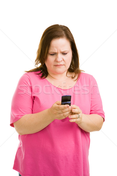 Rossz hírek szöveges üzenet boldogtalan nő izolált fehér Stock fotó © lisafx