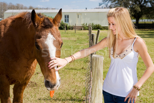 Foto stock: Muchacha · adolescente · caballo · hermosa · zanahoria · alimentos