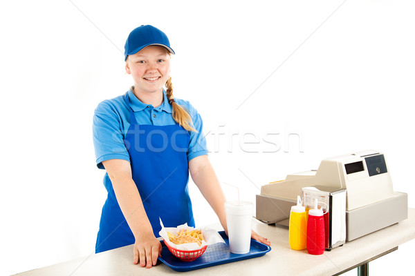 Teen kassier fast food vriendelijk glimlachend Stockfoto © lisafx
