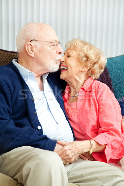 Casal de idosos risonho relaxante casa mulher Foto stock © lisafx