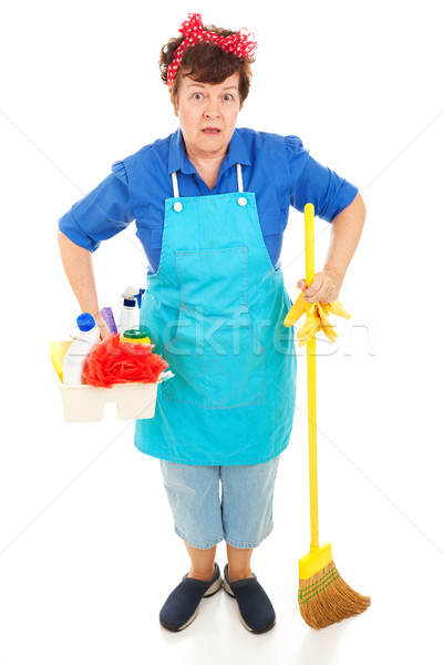 Meglepődött szobalány takarítás felszerlés visel egészalakos Stock fotó © lisafx