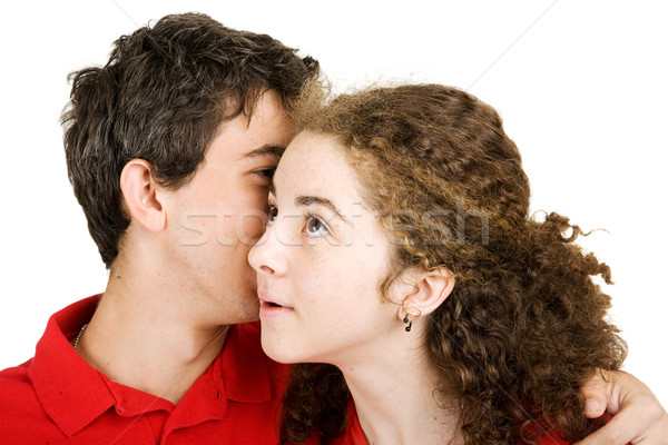 Foto stock: Adolescente · casal · segredo · menina · adolescente · escuta · namorado
