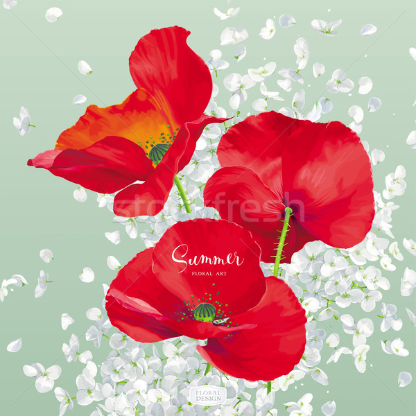 Luxurious bright red vector Poppy and white Hydrandea flowers dr Stock photo © LisaShu