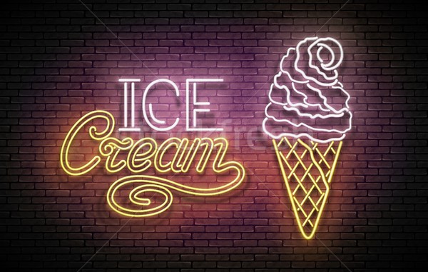 Vintage Glow Poster with Ice Cream Ball in Cone and Inscription Stock photo © lissantee