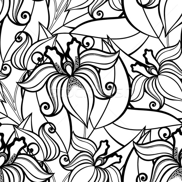 Foto stock: Vector · sin · costura · monocromo · floral · patrón · dibujado · a · mano