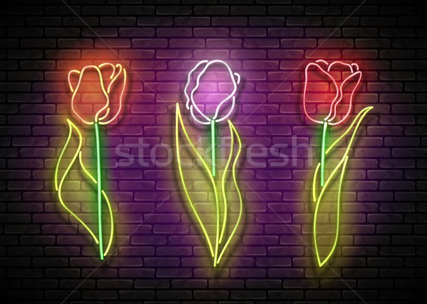 Floral establecer brillante tulipanes flores pared de ladrillo Foto stock © lissantee