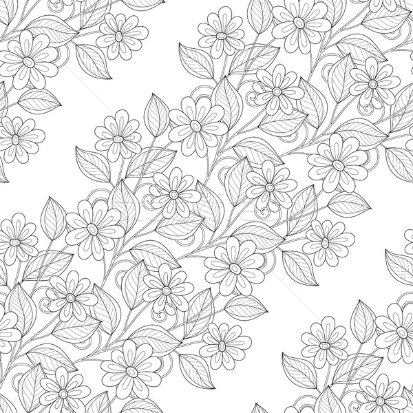 Foto stock: Vector · sin · costura · monocromo · floral · patrón · dibujado · a · mano