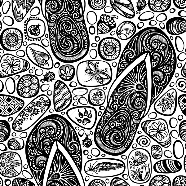 Monochrome Seamless Pattern with Sea Pebbles and Flip-flops Stock photo © lissantee