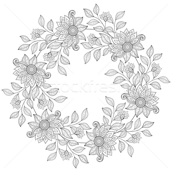 ベクトル モノクロ フローラル 手描き 飾り 花輪 ストックフォト © lissantee