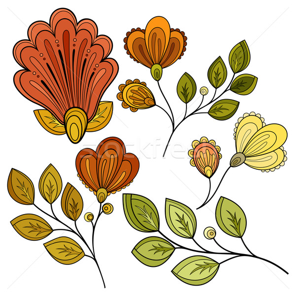 Stockfoto: Vector · ingesteld · gekleurd · contour · bloemen · bladeren