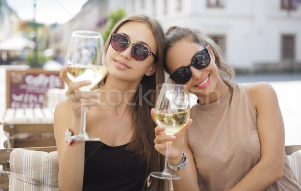 Foto stock: Vinho · diversão · amigos · retrato · dois · jovem