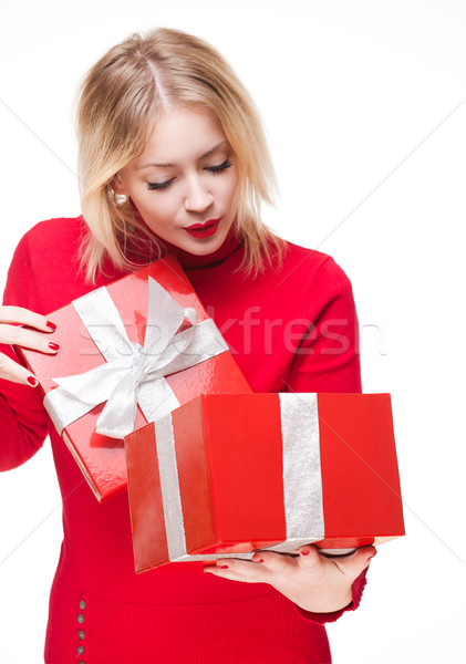 Piros ajándék doboz cuki portré gyönyörű fiatal Stock fotó © lithian
