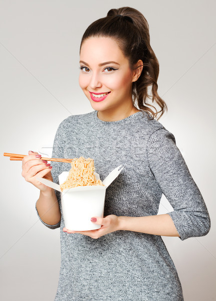 Cute brunetka jedzenie portret przepiękny Zdjęcia stock © lithian