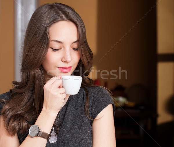 Stockfoto: Koffie · aroma · portret · prachtig · jonge · brunette