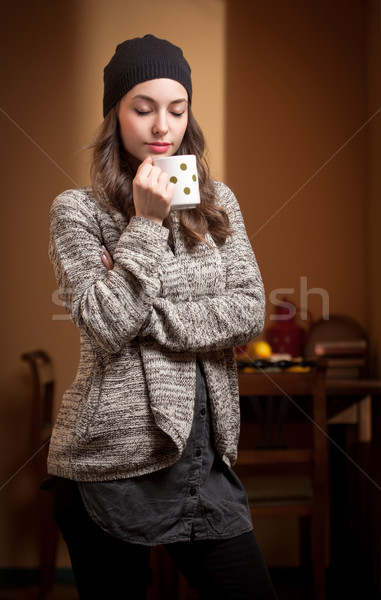 Stockfoto: Warm · gezellig · portret · prachtig · jonge · brunette