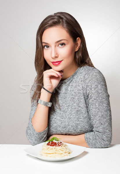 Jungen Brünette italienisches Essen herrlich Frau Essen Stock foto © lithian