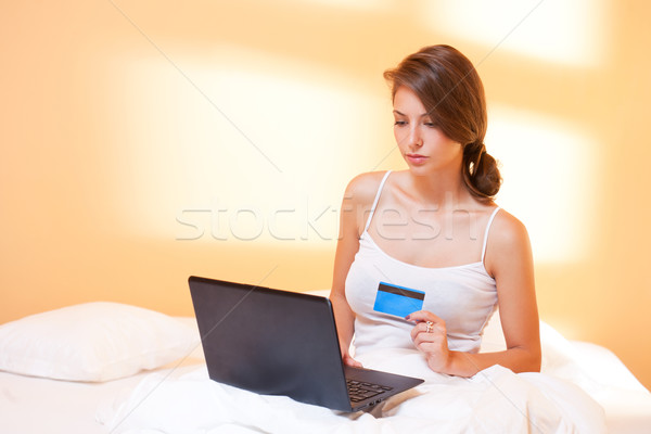 Magnifico bruna utilizzando il computer portatile ritratto giovani soldi Foto d'archivio © lithian