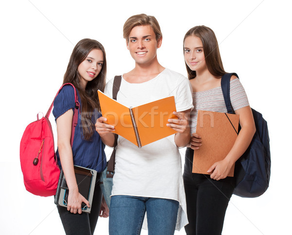 Foto stock: Grupo · alegre · estudantes · escola · secundária · menina · livro