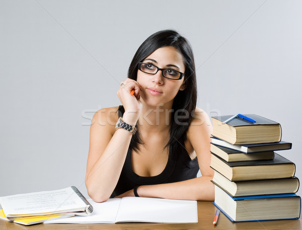 Foto stock: Bastante · morena · estudante · menina · retrato · grande