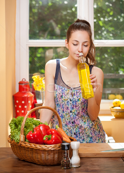 Fit brunette beauty and healthy food. Stock photo © lithian