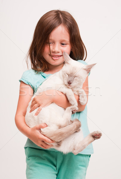 Jong meisje kat portret groene leuk Stockfoto © lithian