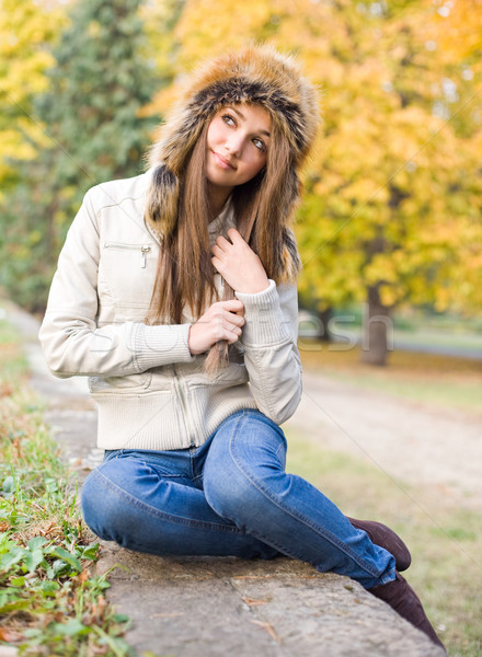 Stock foto: Fell · hat · cute · schönen · jungen · Brünette