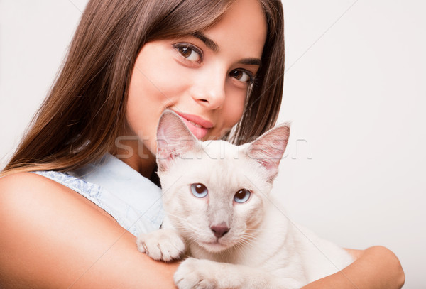 Morena belleza gato retrato gato siamés mujer Foto stock © lithian