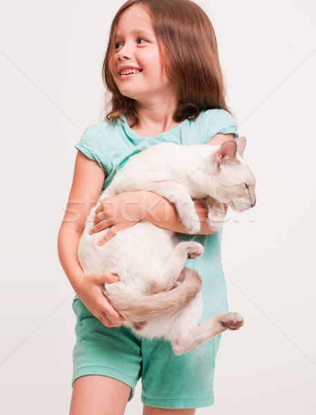 Mooie jong meisje kat portret siamese kat Stockfoto © lithian