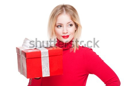 Piros ajándék doboz cuki portré gyönyörű fiatal Stock fotó © lithian