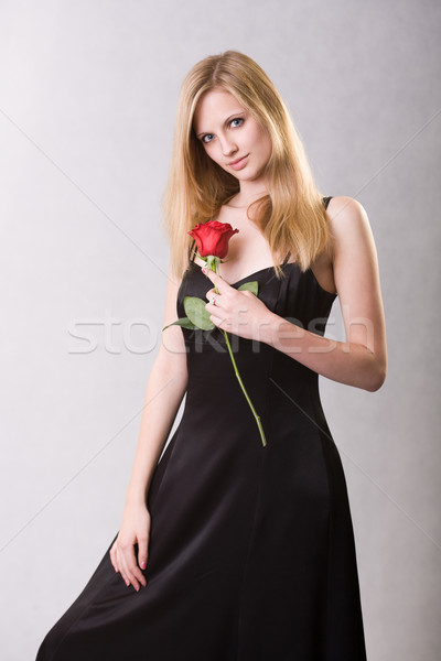 Stockfoto: Jonge · blond · steeg · elegante · lang · zwarte · jurk