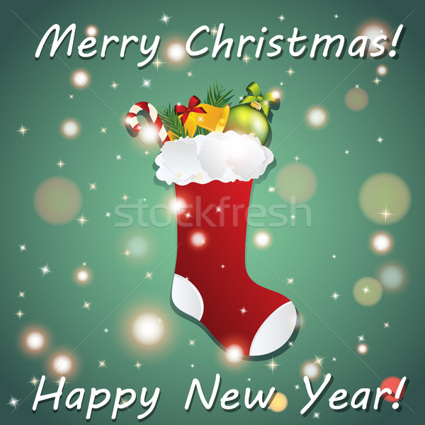 [[stock_photo]]: Nouvelle · année · carte · de · vœux · Noël · chaussette · cadeaux · bokeh